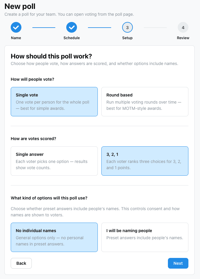 Vottee create poll wizard showing vote type, scoring method, and option setup