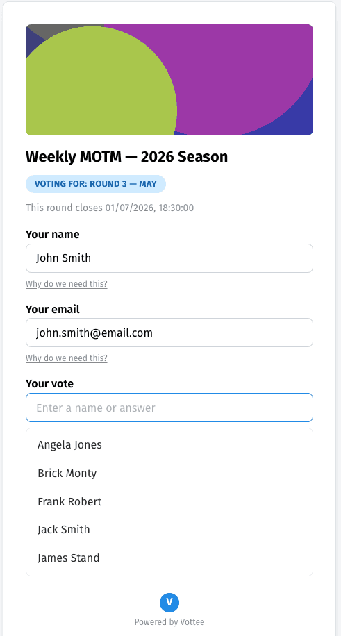 Vottee public vote form for a weekly round-based poll